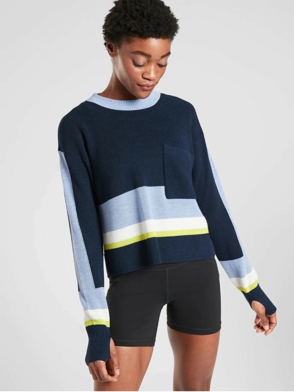 Athleta Trailhead Merino Wool Blend Colorblock Sweater Navy Blue Size L